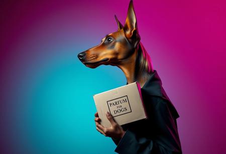 An anthropomorphic brown Dobermann dog with soft, long, natural ears and a blonde bobcut with long hair in the back, wearing a black trenchcoat, depicted in profile, side view. The dog is holding a cardboard box labeled ‘Parfum for Dogs’ in a surreal and avant-garde fashion illustration style. The scene features a turquoise silver grunge aesthetic against a gradient magenta and teal background. The setting includes vivid colors, filigree details, and photorealistic rendering. The lighting is moody chiaroscuro, enhanced by the visual distortion of fisheye cinema prime lenses (9mm) and noir film-style color correction