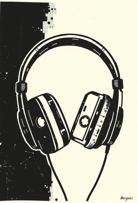 Outsider art. Monochrome block print.
A punk stencil photocopy print of a pair of retro headphones with tape cassettes. Print errors, halftone dots. grungy print registration errors.