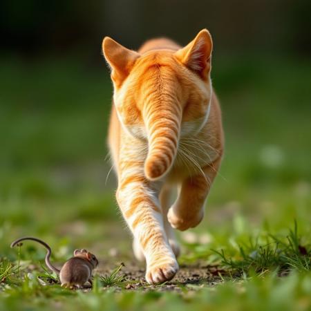 an orange tabby tomcat running away from a little brown mouse. the tomcat is facing away from the viewer.