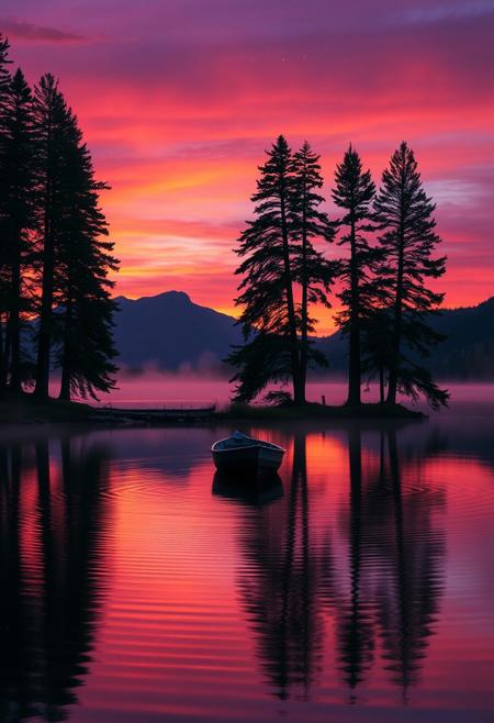 A serene lakeside scene at dusk, where the sky transitions from vibrant orange to deep purple hues. The water reflects the colors of the sky, creating a mirror-like surface. A lone rowboat gently floats on the water, surrounded by soft ripples. Tall pine trees line the shore, silhouetted against the fading light. Fireflies glow softly in the air, adding a magical touch. The atmosphere is peaceful and calm, with a gentle mist rising from the lake, blending with the distant mountains