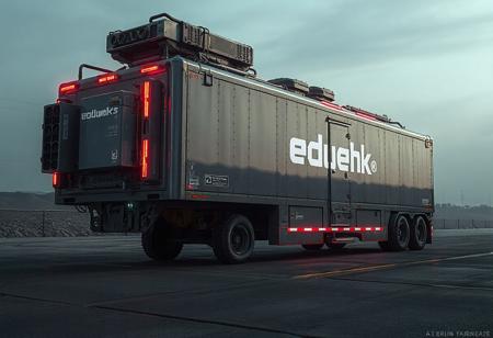 1 vehicle, 
cyberpunk  oversize  industrial trailer.  
Logo label "BDwerks®" written on the side nothing else written.