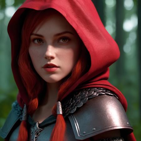 professional 3d model of  <lora:Little Red Riding Hood:1.2> Cinematic Film Scene
Little Red Riding Hood a woman with red hair and red armor on with face full of scars, octane render, highly detailed, volumetric, dramatic lighting