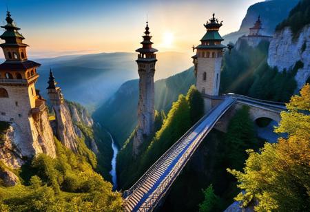 towers ringed in mist, sunrays, mixed media, surrealism, fantasy, great lighting, vibrant colors, dramatic perspective, A surreal landscape highly detailed, extremely high-resolution details, appears trapped in an optical illusion of reflections and refractions colorful, Zhangjiajie mountains,  Vienna in contemporary Austria, stone bridges, winding rivers extending to the horizon, professional photography, natural lighting, volumetric lighting maximalist. vivid, vibrant colors, intricately detailed, complex, elegant, expansive, fantastical, film photography style, medium grain, cmnt
 (8k uhd:1,4)