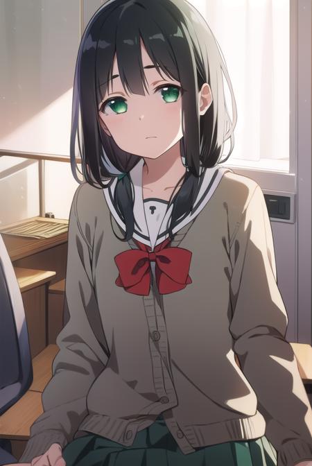 mimoritougou, <lyco:mimoritougou-lyco-nochekaiser:1>,
mimori tougou, long hair, (black hair:1.5), (green eyes:1.5),
BREAK skirt, long sleeves, school uniform, bow, bowtie, serafuku, red bow, cardigan,
BREAK looking at viewer,
BREAK indoors, classroom,
BREAK <lora:GoodHands-vanilla:1>, (masterpiece:1.2), best quality, high resolution, unity 8k wallpaper, (illustration:0.8), (beautiful detailed eyes:1.6), extremely detailed face, perfect lighting, extremely detailed CG, (perfect hands, perfect anatomy),