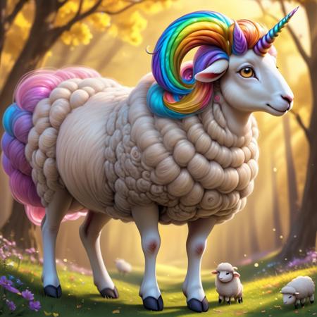 aesthetic, masterpiece, beautiful, elegant, award winning, absurdres, hdr, best quality, hyper detailed, correct proportion, 
 RainbowUnicornStyle, sheep, iridescent wool, golden background