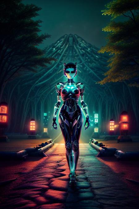 A feminine humanoid AI with sleek features and glowing neon patterns walks through a landscape where nature and technology coexist. Trees with holographic leaves, robotic birds, and flowing rivers of light surround her as she admires the beauty