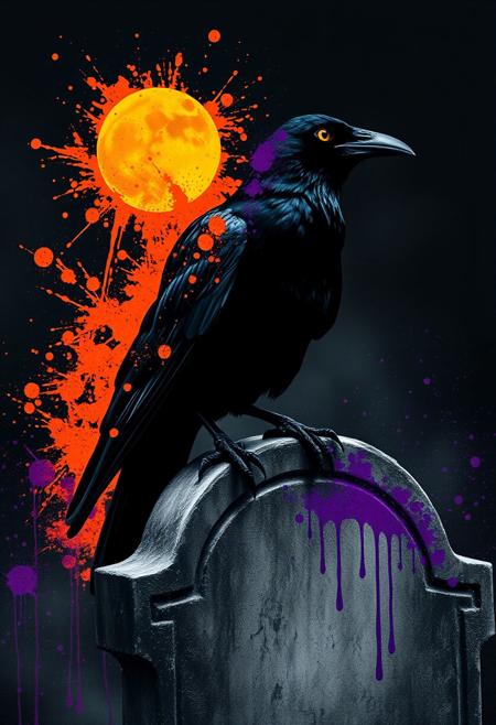 A hauntingly beautiful image of a crow perched on a weathered, graphite gravestone, surrounded by a vibrant, Halloween-themed paint splatter. The crow's body, a sleek, black silhouette, is highlighted by a splatter of bright, orange and purple paint, creating a stunning, contrast effect. The crow's eye, a vibrant, bold yellow, seems to gleam with an otherworldly intensity, as if illuminated by the moon. The paint splatter, a dynamic, expressive mess of color, appears to be dripping, with tiny, glowing drops of paint suspended at the end of each splatter. The overall effect is one of eerie, Halloween magic, as if the viewer is witnessing a mysterious, supernatural encounter. The dark, graphite background provides a striking contrast to the vibrant, paint splatter, creating a sense of depth and dimensionality. highest-Quality, intricate details, visually stunning, Masterpiece