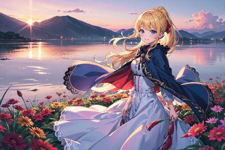 best quality, masterpiece, extremely detailed, detailed background, 1girl, solo, yellow hair, blue eyes, braid, long hair, wavy hair, fluffy hair, ponytail, french braid, blush, smile, capelet, lace trim, bodice, sunset, dusk, scenery, high place, horizon, wind, wind blow, flowerbed, looking at viewer, depth of field, bokeh