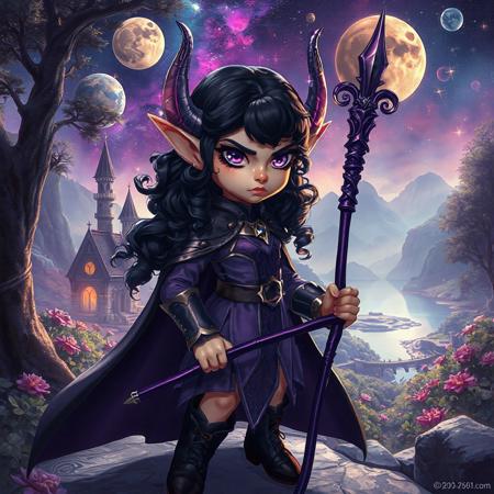 1girl, fantasy elf, long fantasy elven ears, natural lighting, realistic style, round cheek bones, full lips, small mouth, small nose, round face, black velvet boots laced with leather straps, petite, ((very thin waist:1.5)), body shaped like hourglass, long curled black hair with purple highlights, purple eyes, pupils showing, colourful planets and moon and stars and space in the background, a tome, zoomed out, full veiw, a purple elven metal armor, wearing a purple magical staff, long black cloak, hyperealistic, fantasy castlle sitting in a magical jungle in the background, a lake in the background, cute face, purple dress, angry look on her face, very mad elf