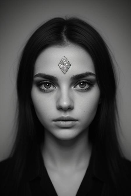 Beautiful 21 year Old woman diamond shaped face, big eyes, dark eye shadow, dark makeup, high contrast bnw photo, analog film photo, deep shadow, heavy Film grain