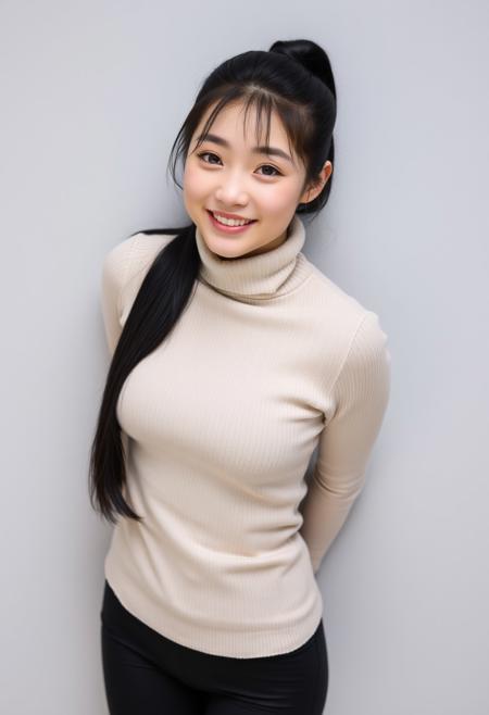 Upper body pose of a young japanese woman smiling to the camera.
She has a black ponytail, amber eyes, pale skin, beige turtleneck and black leggings. She has small breasts