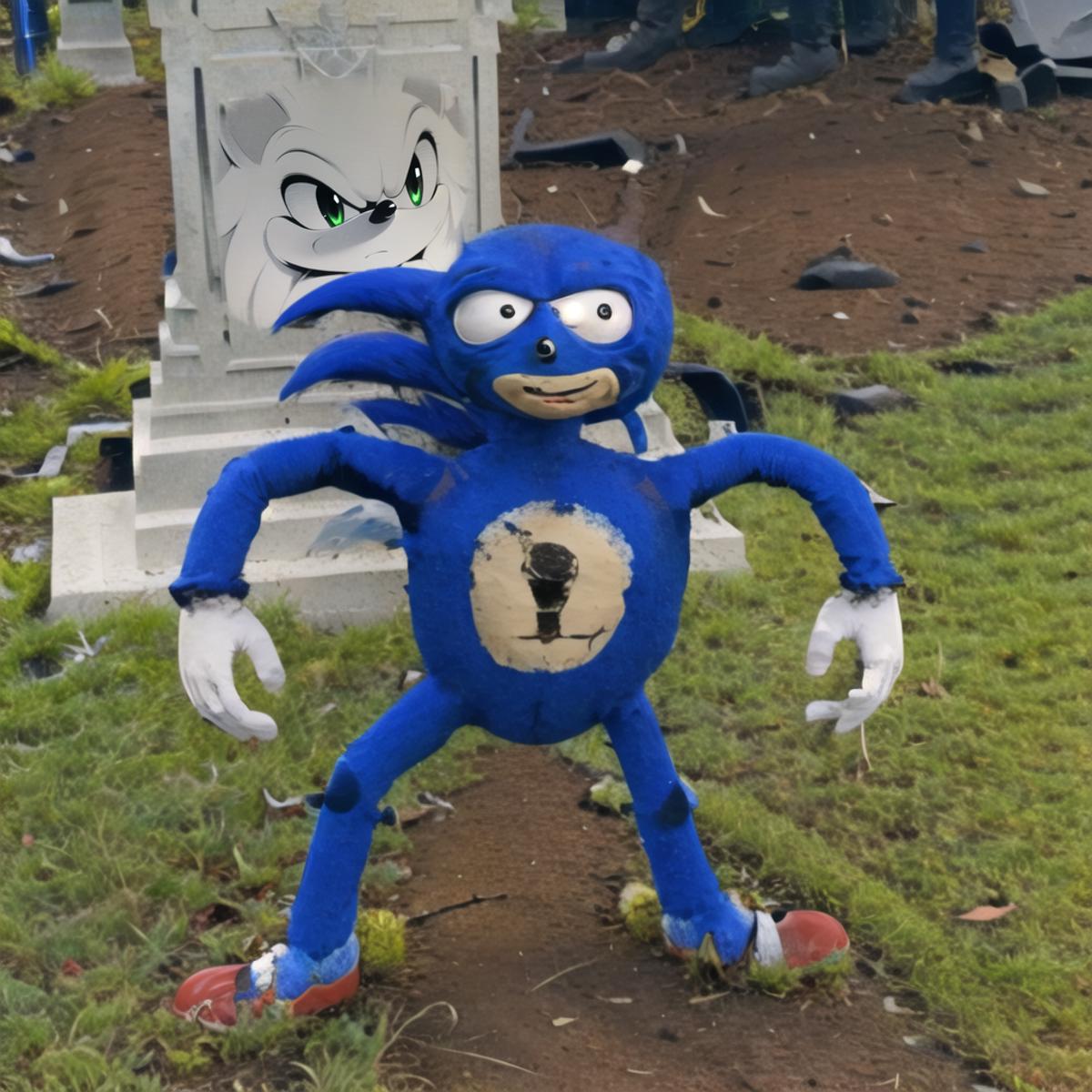 A Blue Sonic the Hedgehog Statue Standing in the Grass