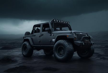 Masterpiece, digital illustration, Jeep Wrangler, dark theme, (big off-road tires), in the middle of apocalyptic wasteland, dark, cloudy, stormy,