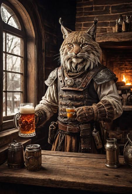 fantasy anthropomorphic a bobcat warrior in dark tavern holding a pint of ale in a cozy environment with gas lamps rustic wood warm brick fireplace and frosted glass windows
