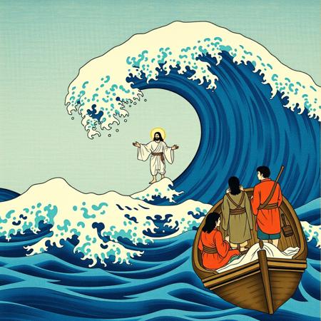 Jesus walking on water while his disciples watch from the boat, the water is the famous piece by Katsushika Hokusai “Under the Wave off Kanagawa”