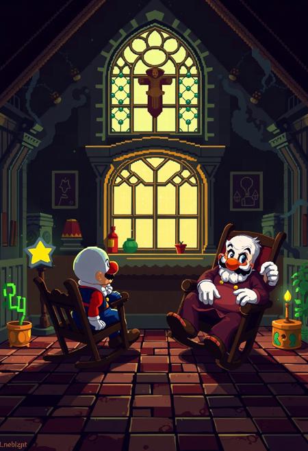 PIXEL ART, ELDER MARIO BROS AND ELDER BOWSER IN ROCKING CHAIRS IN AN ASYLUM HAPPY