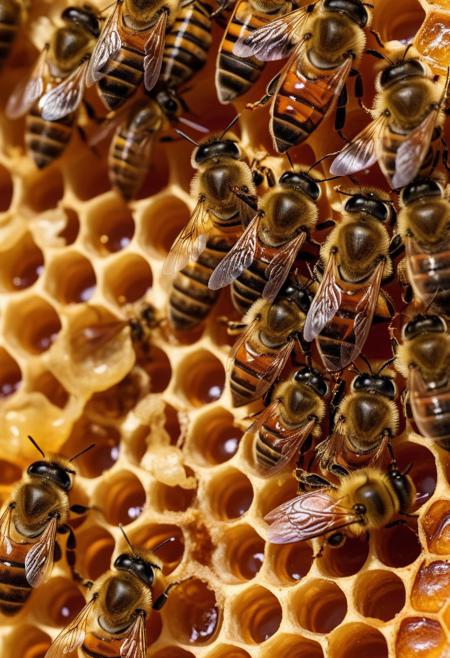 A detailed view of a honeycomb dripping with honey inside a beehive, 
with honeybees actively working on it.