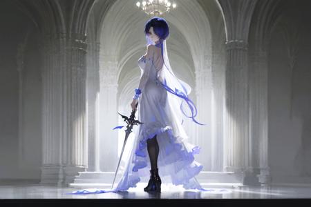 masterpiece, best quality, extremely detailed, detailed background, detailed face, parted bangs, 1girl, flower, solo, blue flower, dress, holding, weapon, letterboxed, holding weapon, white dress, blue rose, looking back, full body, looking at viewer, blue hair, sword, black hair, from behind, long hair, rose, standing, boots, black footwear, pantyhose, short hair