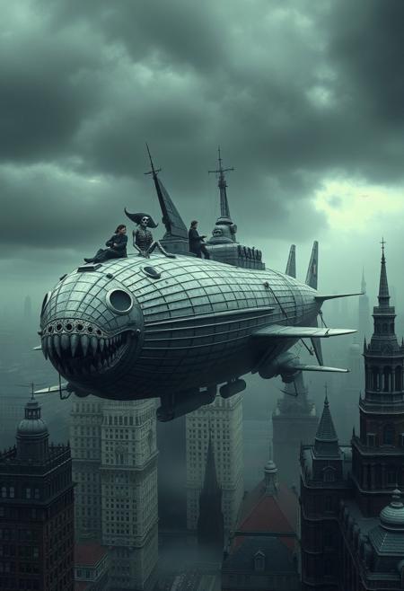 A masterpiece of design,The scene is in the air above a gothic city. this sinister but weathered zeppelin airship flies past tall buildings . the entire ship inspires fear and respect, The bow is adorned with a giant menacing mermaid skeleton, while the sides are decorated with the Jolly Roger .The superstructure is armoured and placed on the rear of the vessel 'Large articulated winglets carrying propellers are located at the centre of the ship)at the tail of the ship are Fins and tailplanes , Three turrets of (16-inch BL Mk I naval guns) are positioned on the focsal this ship has mat grey hull with intricate details and The hull of the ship resembles that of a dreadnought battleship. the battleship carries a feminine pirate crew,