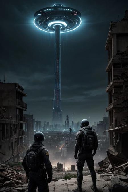 score_9, score_8_up, score_7_up, movie poster,
Title of the film in large letters in the center of the poster, striking image, alien spacecraft towering over a city in ruins in the background, 3 heroes look determinedly towards the horizon In the foreground, Captain Elena Rodriguez, Commander Li Wei, Sergeant Malik Ahmed, dark and menacing atmosphere, realistic, <lora:more_details:0.5>