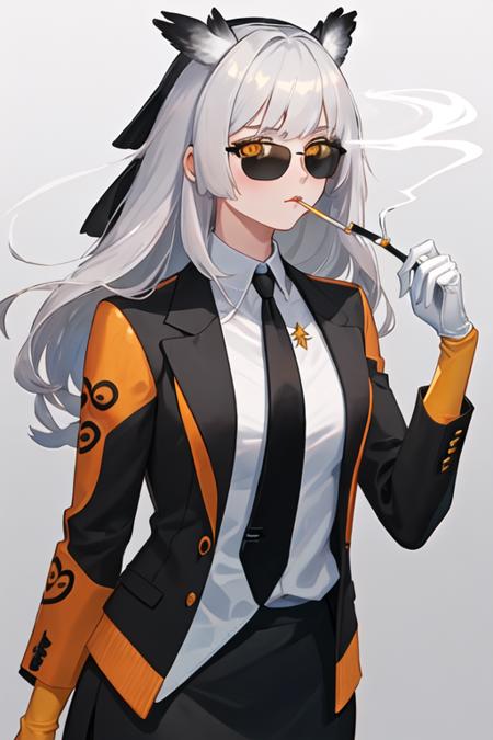 best quality, masterpiece, highres, solo, {black business suit:1.40}, {tie:1.20}, {sunglasses:1.25}, {white gloves:1.15}, {white shirt:1.10}, {black skirt:1.15}, {smoking:1.20}, handsome, {ptilopsis_arknights:1.15}, bangs, owl_ears, long_hair, white_hair, orange_eyes, yellow_eyes, upper_body, grey_hair, closed_mouth, feather_hair