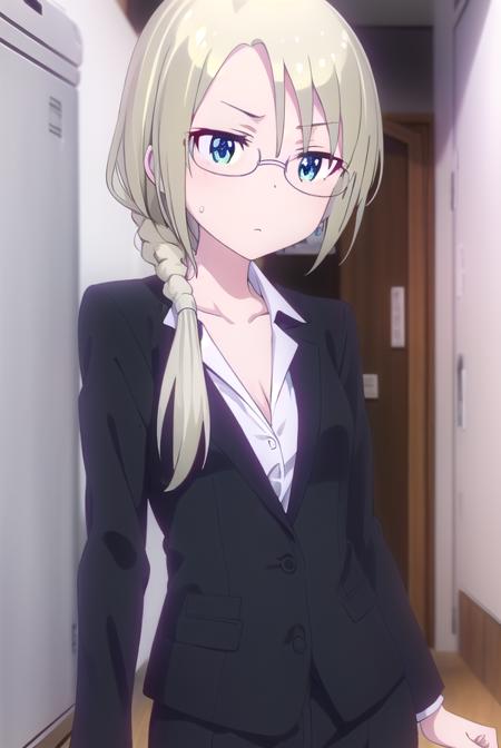 christinawakoyamato, <lora:christina wako yamato s2-lora-nochekaiser:1>, 
christina wako yamato, long hair, blue eyes, blonde hair, (green eyes:1.3), glasses, hair over shoulder, semi-rimless eyewear, low ponytail, under-rim eyewear,
BREAK shirt, collarbone, jacket, white shirt, pants, black jacket, black pants, formal, suit, office lady, pant suit,
BREAK indoors, office,
BREAK looking at viewer, (cowboy shot:1.5),
BREAK <lyco:GoodHands-beta2:1>, (masterpiece:1.2), best quality, high resolution, unity 8k wallpaper, (illustration:0.8), (beautiful detailed eyes:1.6), extremely detailed face, perfect lighting, extremely detailed CG, (perfect hands, perfect anatomy),