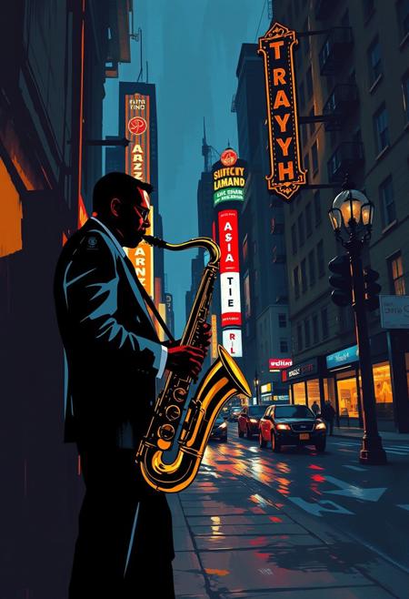 A jazz saxophonist performs on a shadowy street corner, his figure stylized in graphic contrast, while the background pulses with energetic brushwork and glowing signage., stylized realism, expressive brushwork, cinematic urban scenes, intricate linework, impressionistic cityscapes, Art Deco influence, painterly textures, dynamic lighting, bold color palette, architectural focus, narrative illustration, motion and atmosphere, dramatic perspective, elegant composition, visual storytelling, modern impressionism, graphic detail, luminous streetscapes, iconic silhouettes, layered realism