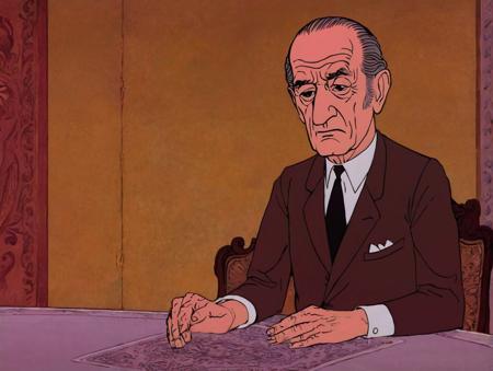 cartoon of  Lyndon B. Johnson, tranquil scene, detailed background, directed by Quentin Tarantino(  in rankinbasshobbit style:1.1)
<lora:add-detail-xl:0.65>    <lora:rankinbasshobbit_styleXL_v.10.2-000002:1.0>