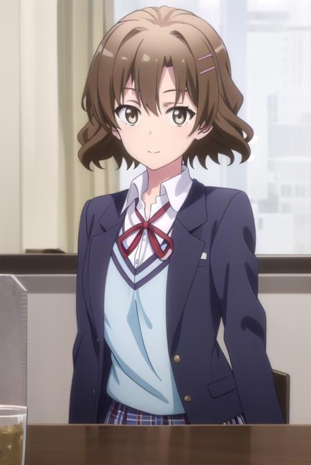 kaoriorimoto, <lora:kaori orimoto s2s3-lora-nochekaiser:1>, 
kaori orimoto, short hair, brown hair, hair ornament, (brown eyes:1.5), hairclip, smile,
BREAK skirt, ribbon, school uniform, jacket, black jacket, plaid, plaid skirt, blazer, sobu high school uniform,
BREAK indoors, classroom,
BREAK looking at viewer,
BREAK <lyco:GoodHands-beta2:1>, (masterpiece:1.2), best quality, high resolution, unity 8k wallpaper, (illustration:0.8), (beautiful detailed eyes:1.6), extremely detailed face, perfect lighting, extremely detailed CG, (perfect hands, perfect anatomy),