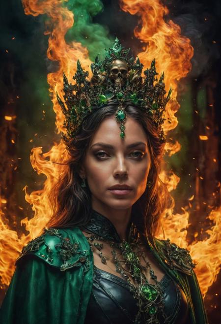 ((Full-length photograph / whole body photograph of the (evil sorceress) wearing (revealing black leather robes) with (a necklace of skulls) and a (crown of fire)  , standing in a poisonous faint green fog, with an (obsidian tower) behind it)), 
:BREAK:
((Perfect photograph, strong fisheye-lens photograph (intense fisheye-view photograph), strong bokeh, cinematic photograph, experimental low angles, cinematic heaven, warm angelic lighting, intricately detailed, very detailed background, realisticvision-negative-embedding, epiCRealism ))