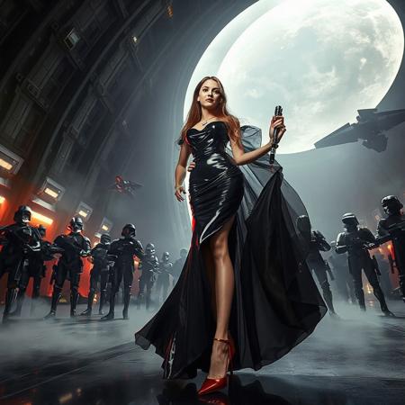 slender arrogant cold femme fatal russian princess wearing black rich  victorian  full skirt glossy foil  gown, small size opulent glossy red  high heels, ultrathin black transparent slime cloak, jewels, elegant small light saber in her right hand, lifting her skirts with left hand, posing standing, view from below,  evil grin, green eyes, lipstick, giant portal to outer space, fog from the floor, empire spaceship hangar, surrounded by halo odst troopers, TIE spaceships at the background, fashion look, hollywood, vogue makeup, porcelain skin, long haired, ultrathin waisym reminiscent of Lucas, Spielberg styles, with close-up glamour photography and dramatic lighting view from below,