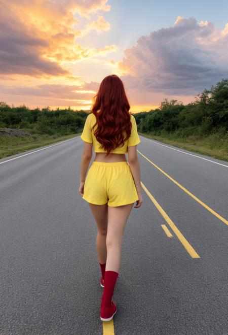 high detail of objects, high-quality image, realistic photo, (Ukraine: 0.8), a young girl walks along the road, (long black stockings, short shorts, white T-shirt: 0.8), (sunset, yellow-blue sky: 0, 5), cloudy time of day, close-up, (Ukrainian theme: 0.4), rear view, full length, long red hair