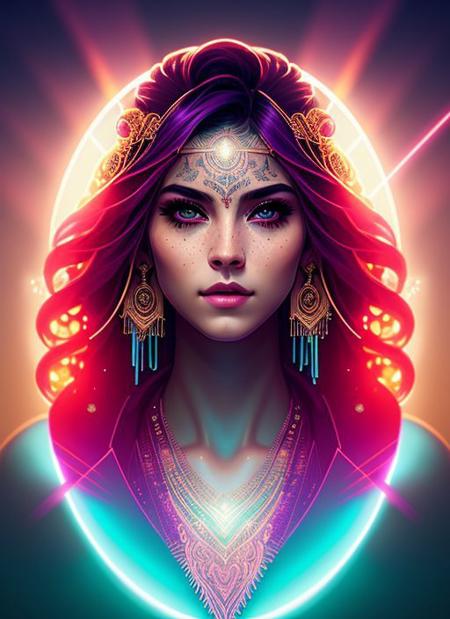 (swpunk style:1) synthwave portrait of a woman as a beautiful goddess, light rays, light bands, lightgeo, beautiful intricate filegrid facepaint, intricate, elegant, highly detailed, digital painting, concept art