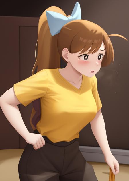 <lora:Ishizaka_Midori-10:0.6>,1girl, solo, long hair, brown hair,yellow shirt,black eyes, white pupils,ponytail, Orange pants, bouncing breasts, bow, ahoge, hair bow, style parody,