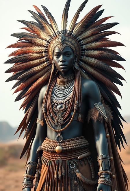 ultra realistic full body costume design  and character design of an african tribal warrior queen + feather headdress + ultra detailed accessories + long cape + a lot of tribal necklaces, photographic style, 8k, octane render