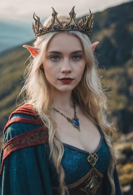 instagram photo, portrait photo of 18 y.o sorceress Emily standing on mountain, (cleavage:0.8), pale skin, (smile:0.4), cozy, natural skin, soft lighting, (cinematic, film grain:1.1), dirty blonde, red lipstick, (skin imperfections:1.2), elven, elf ears, Lord of the rings, crown of blue flames