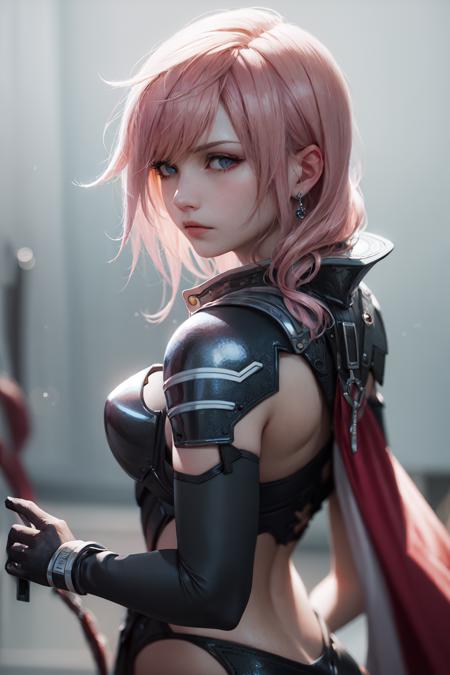 (masterpiece, best quality:1.2), <lora:ffxiii_lightning-10:1>, from side, solo, 1girl, lightning farron, expressionless, looking at viewer, armor