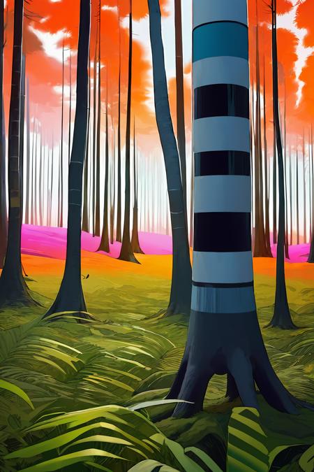 A surrealistic fusion of Reuben Wu's ethereal landscapes with Nick Knight's hyper-realistic models. A Synthetic forest of barcode trees, where creatures with Taro Okamoto's biomechanical limbs frolic and play. The sun sets in vibrant, electric hues, casting long, synthetic shadows that distort the Sharp Focus images of the models. In the distance, a satellite hovers, projecting old school designs onto the landscape, OverallDetail