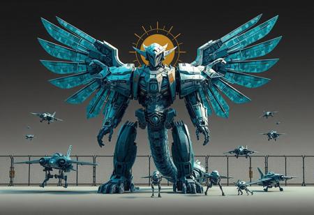 "Create an elaborate, high-quality vector art of a Metal Guardian, adhering to the golden ratio and the optimus sun orientation. The guardian should have a robust, stocky body with two pairs of wings, showcasing a teal gradient. Present it in an 8k panorama shot, with exploded parts assembly emphasizing micro details and lifelike qualities. Include a family photo of aircraft with varying size differences and a rung, set against a Sacred Defense Barrier backdrop. Apply a 35mm grain filter for an artistic touch, as envisioned by Gediminas Pranckevicius, popular on ArtStation."