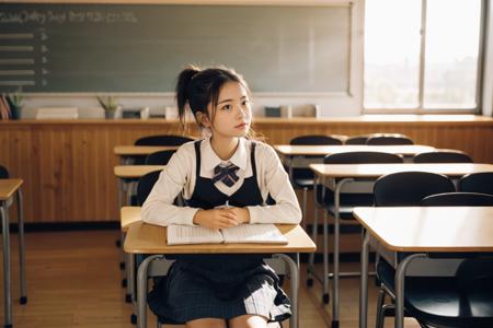 35mm film, wide shot, panoramic photo. Classroom at dusk, symmetrical composition,blackboard.1girl in school uniform with a low ponytail sitting on a seat looking  to the side,
filmg, <lora:FilmG2:0.8>,<lora:faceA-05:0.5> ,