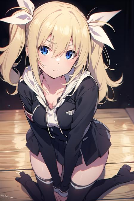 hinaearimura, <lyco:hinaearimura-LYCORIStest:1>,
hinae arimura, long hair, bangs, blue eyes, blonde hair, hair between eyes, twintails, hair ribbon, white ribbon, ribbon,
BREAK thighhighs, long sleeves, dress, collarbone, jacket, hood, black footwear, black dress, white thighhighs, zettai ryouiki,
BREAK looking at viewer, hands behind head,
BREAK indoors, classroom,
BREAK <lora:GoodHands-vanilla:1>, (masterpiece:1.2), best quality, high resolution, unity 8k wallpaper, (illustration:0.8), (beautiful detailed eyes:1.6), extremely detailed face, perfect lighting, extremely detailed CG, (perfect hands, perfect anatomy),