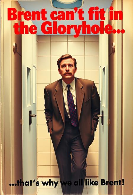 A pulp romance novel, Cover is a man with a mustache wearing a suit an tie in a public restroom stall. Looking down at the gloryhole. Title "Brent can't fit in the Gloryhole..." Subtitle "...that's why we all like Brent!