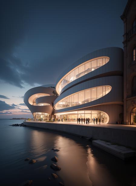 Best quality, masterpiece, realistic, architecture, outdoors, photo realistic, super detailed, curved_architecture, curved_archi, seaside, ((symmetrical composition)), <lora:curved_architecture_v1.2:0.9>, 
cinematic lightening, (glowing lights), high fantasy background