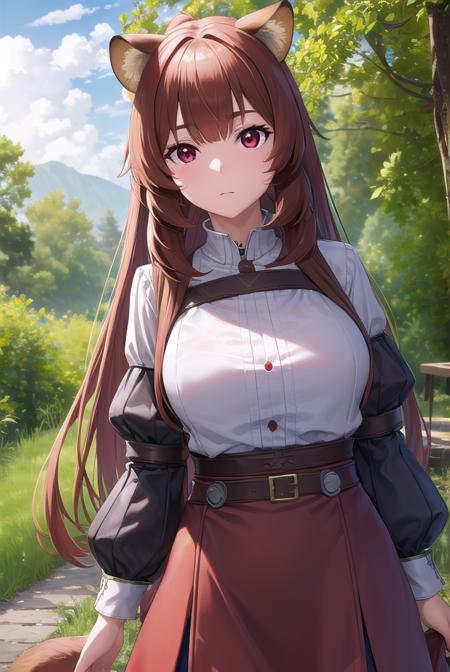 raphtalia, animal ears, brown hair, long hair, raccoon ears, raccoon girl, raccoon tail, (red eyes:1.5), tail, arm garter, belt, brown belt, brown dress, dress, juliet sleeves, long sleeves, puffy sleeves, short dress,