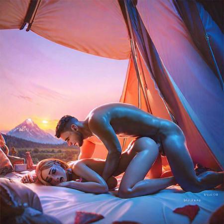 score_9, score_8_up, score_7_up, score_6_up, score_5_up, rating_explicit,1boy,1girl,man fucking his 25 year old girlfriend in a tent doggy style,mountain view,sunset,highly detailed skin,vellus,<lora:RMSDXL_Creative:1> <lora:RMSDXL_Enhance:1>