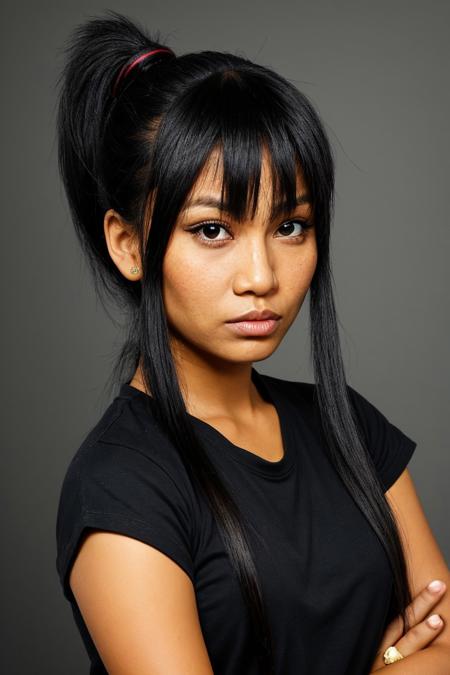 RAW photo of a cute Filipina woman with full lips and long black hair,ponytail,fringe locks,stern worried look