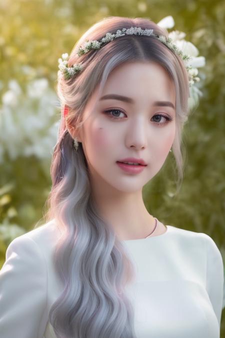 (close-up photo:1.5),(pov:1.1),(silver white hair,bangs:1.2),korean, woman, complex 3d render ultra detailed, portrait of beautiful women, smile,looking over spruce forest, moody portrait, striking features, beauty, intricate details, dramatic composition, tension, contrast, texture, realism, high-quality rendering, stunning art, high quality, film grain, Fujifilm XT3,swirly bokeh,(realistic, photo-realistic:1.4),RAW photo,physically-based rendering,(looking at camera:1.5),(looking at viewer:1.2),(8k, best quality, masterpiece:1.2),(full body shot:1.1),octane render,extremely detailed CG, unity 8k wallpaper,studio soft light, rim ligh,in forest,sunlight,standing,(a girl is wearing wedding dress:1.5),hyper realistic detail shiny skin,ultra detailed,(ultra realistic:1.5),(intricate:1.2),(photorealistic:1.4),1girl,(skinny:1.3),detailed background,<lora:iveWonyoung:1>,Wonyoung