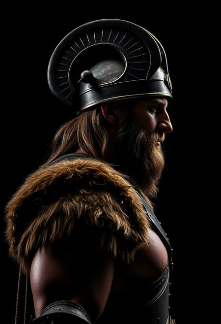 side view of a viking warrior, hyper realistic, studio photography, dramatic lights, dynamic shadows, black background, chiaroscuro, high contrast lights