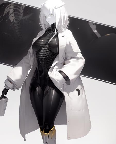 <lora:ub1imo:1>
1girl, solo, labcoat, white background, skeleton, robot joints, hair ornament, white hair, simple background, white skin, joints, coat, yellow eyes, hand in pocket, standing, holding, mechanical parts, mechanical legs, white coat, ribs, colored skin, android