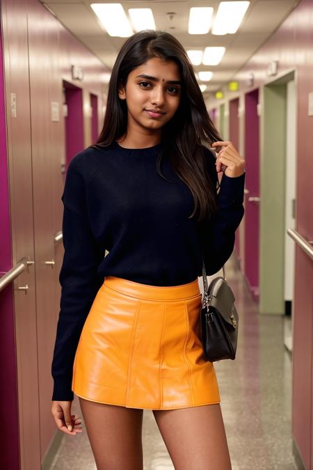 colorful photo of a short 20yo woman, dgespressov2_TI:0.8,  <lora:l_shm_searnbd_sd_64_32:1> ((ashamed expression)) on face, college student holding bag, wearing tight sweater, short leather skirt, legs spread slightly, hand reaching towards viewer,  sexy, naughty, in college hallway with colorful posters in background, cinematic lighting